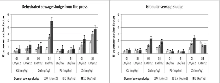 Figure 1. BCF of heavy metals (Cd, Cu, Pb and Zn) in lawn grasses depending on the dose and kind of sewage sludge with or without EM