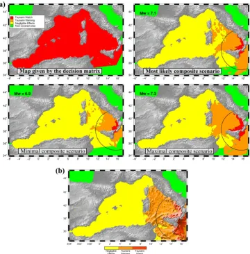 Fig. 11. (a) Result of the composite scenarios calculation process (i.e., model-based tsunami prediction system): ﬁnal representation destinedfor the French authorities using the test case of the 1908 Messina earthquake (Ms = 7.1, Sicily)