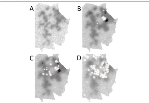 Figure 7 Example of the effect of control on mosquito density during a simulated 2003-like dengue outbreak.markers indicated dengue case locations