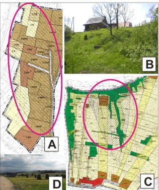 Fig. 3. A-D. Drawings from local spatial development plans with specified investment functions in areas prone to the subsidence of soil masses