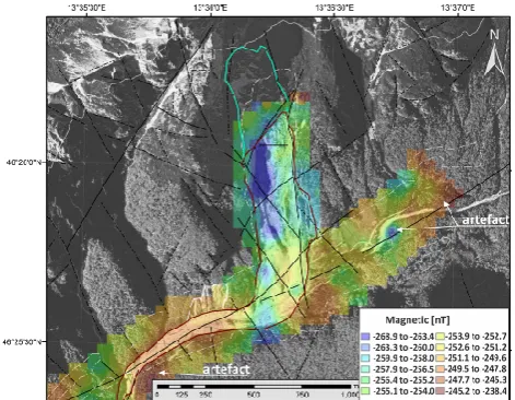 Fig. 5. Map of magnetic anomalies combined with the fault andjoint pattern (black full and dot-and-dashed lines), and area of reli-able data (light grey dot-and-dashed line) (Source of data: Geologi-cal Survey of Austria and Google Earth).
