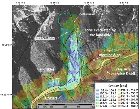 Fig. 8. Gamma ray survey: a map of Uranium combined with thefault and joint pattern (black full and dot-and-dashed lines), areaof reliable data (light grey dot-and-dashed line) and the geologicalinterpretation; the units are parts per million [ppm] (Source of data:Geological Survey of Austria and Google Earth).