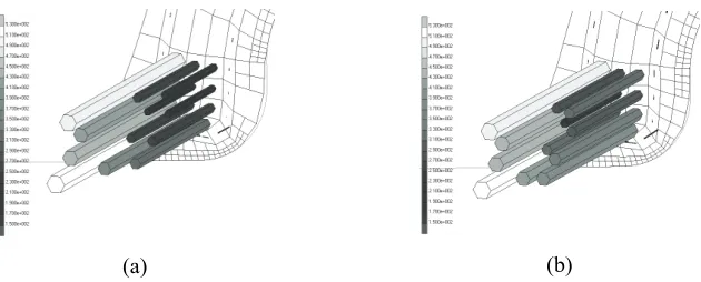 Fig. 8. Axial stresses in bead wire, belt and carcass of 165/70 R13 tyre mounted on 4 different rim sizes and inflated to 2bar