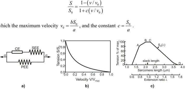 Fig. 1. a) Hill's three-component model; b) Graphic representation of Hill equation; c) Gordon's curve (Gordon [8])
