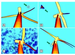 Fig. 1.Still images of night-flying bats (green arrows) at wind turbines thatrecordings