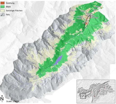 Fig. 1.Bolzano (smaller right, 2011a) and the valley of Martell (indicated in the square) and its natural features itself (University of Innsbruck, 2008) 