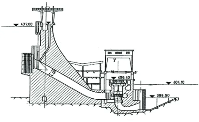 Fig. 2. Cross-section of the “Potpeć” HPP, an example of a hydropower plant with the powerhouse at the base of the dam