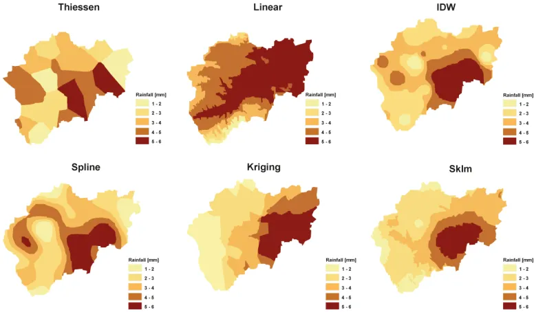Fig. 7. The resulting distribution of precipitation depending on the selected interpolation method 