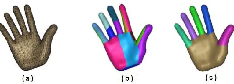 Figure 1: 3D Mesh of Hand Model (a) Segmentation Into Surface Patchs (b)Segmentation into Significant Parts (c)  