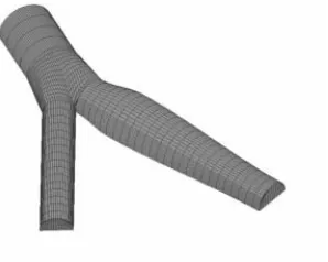 Fig. 1. Geometrical data for the carotid artery model. The abbrevations here are: CCA –external, ECA- external carotid artery, CBRI- carotid bifurcation region internal, ICA- internal common carotid artery, CBR – carotid bifurcation region, CBRE – carotid bifurcation region carotid artery, ICB- internal carotid bulbus 