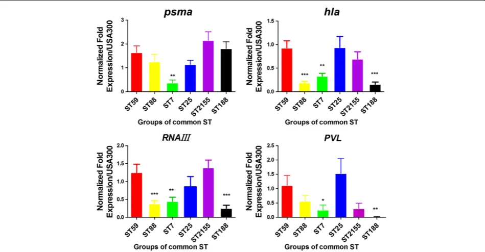 Figure 2 Expression of the psmα, hla, RNAIII, and pvl genes in different MLST-type and SPA-type isolates