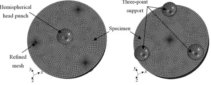 Fig. 1. Finite element mesh of the three-point support based small punch testing device and specimen, (a) upper view and (b) lower view