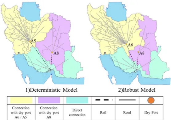 Fig. 3. Optimal network of export and import demands in Iran by establishing dry ports in deterministic and  robust models