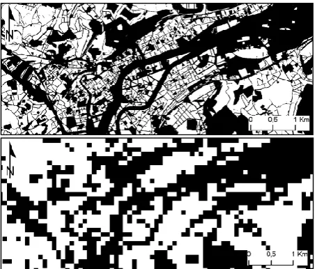 Fig. 12. Delimitation of the settlement cores in the two subsetsof dense urban development scenarios: regional (a) and local (b)development scenarios