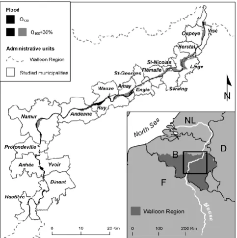 Fig. 2. Study area. Situation of the 19 studied municipalities in theriver Meuse Basin and ﬂooded area corresponding to two studieddischarges (Q100 and Q100 + 30 %).