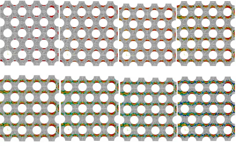 Figure 5 shows the progressive damage contours for the macro-scale model with the hexagonal arrangement of pores under compression loading, in which the elements with color denotes the failed elements