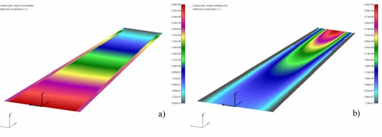 Fig. 9. Conical model of nanochannel with larger inled cross-section and without adsorption effects; a) Field of concentration (units Mol/g) at time t = 0.00006 [h]; b) Field of Unit Mass Flux (units are fg/( 2 h)) at t = 0.00006 [h]