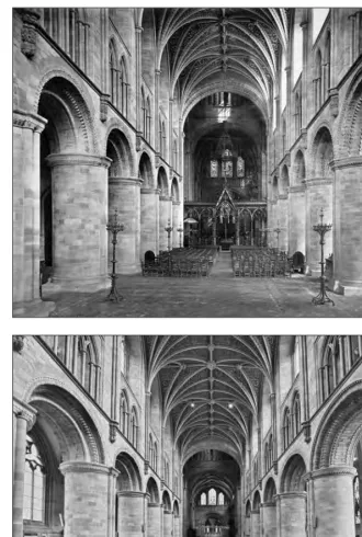Fig. 18 (top): Hereford Cathedral nave, view looking east, probably between 1865 and 1885.The gas standards lining the nave are clearly seen, and the central gas corona can just beglimpsed