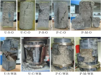 Figure 5. Failed square and circular, unheated and post-heated specimens with and without shape modication.