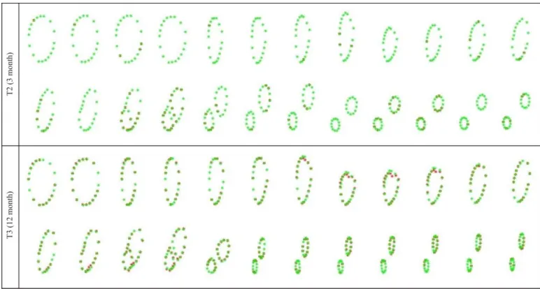 Fig. 1. Simulated contour plots compared with target contours at time steps T2 (3 months) and T3 (12 months)