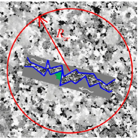 Fig. 1. A fault (blue lines) is embedded in an heterogeneous envi-ronment. The EQ preparation process at the ﬁrst stage concerns anarea of Rcr radius around the fault where the heterogeneous mediatakes part in the fracture process, emitting MHz EME during 