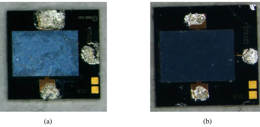 Figure 2.20  Graphical representations showing the correct amount of conductive epoxy to use during MEMS instrumentation: (a) drawing showing a top down view of epoxy dots relative to MEMS contact pads with dimensions in mm, (b) 3 dimensional drawing showi