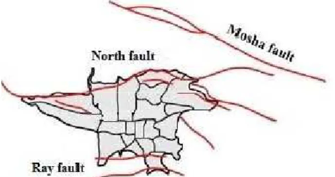 Figure 1. Map of Tehran faults and Ray fault lying on region 20 of Tehran  