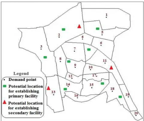 Figure 2. Region 20 of Tehran map containing the potential locations of primary  and secondary facility and demand point 