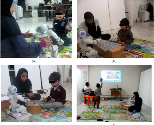 Figure 5. Snapshots of the interventions: (a) P4-Roh in the orientation session, (b) P2-Moh is imitating the robot (game