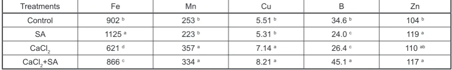 Table 3.  Effect of salicylic acid (SA) and calcium chloride (CaCl2) on the concentrations micronutrients (mg/kg dry weight) in the leaves of Plectranthus ciliatus