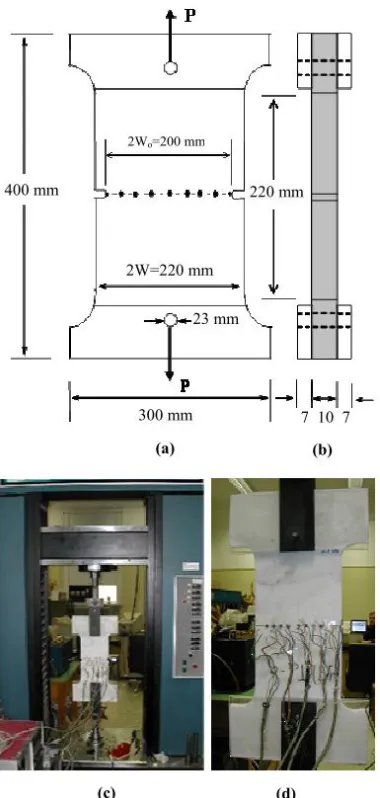 Fig. 7. (a, b) Sketch of the front and side-view of a typical specimen. (c) A wired specimen mounted in the loading frame