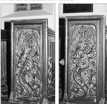 Fig. 4: Bench ends at Othery,Somerset. On the left (4a), a medievalbench end with an angel holding ascroll above a foliate panel