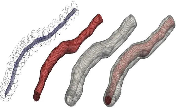 Fig. 7. Resulting 3D contours with valid contour orientation and generated FEM mesh for fluid, solid and complete FSI model 