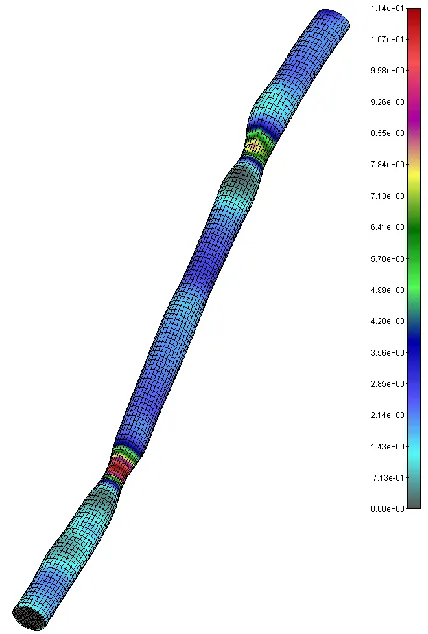 Fig. 2. Blood flow simulation – Shear stress distribution on the wall of the model generated from reconstructed IVUS medical  images of rabbits carotid 