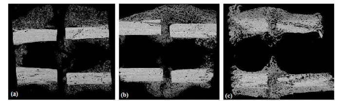 Fig. 1. SAM images representing: a) 3 weeks, b) 6 weeks and c) 9 weeks after the osteotomy