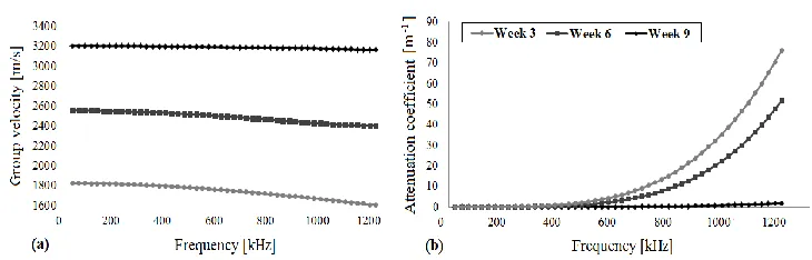 Fig. 3. Estimation of: a) the group velocity and b) attenuation coefficient for each healing stage