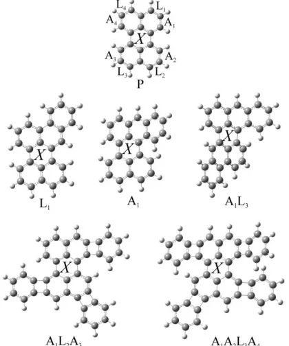 Fig. 2. Perylene (P) and the labeling of its annelation sites (A = angular, L = linear with regard to the central ring X)
