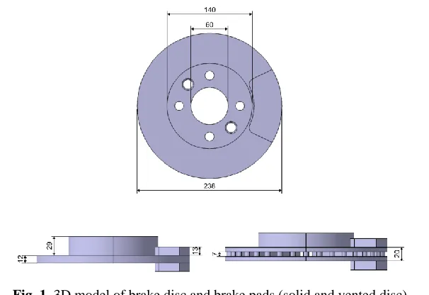 Fig. 1. 3D model of brake disc and brake pads (solid and vented disc) 