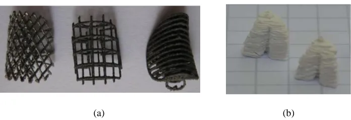 Fig. 17. Lattice scaffold concept designs fabricated using additive technologies.  (a)  Permanent latticed scaffolds of Ti - alloys; (b) Biodegradable scaffolds of HA  (Milovanović 2014) 