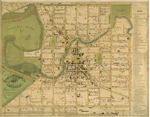 Figure 5: The 1877 map of Christchurch, which shows no trace of the greenbelt, apart from the area maintained as a cemetery in the north east