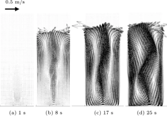 Figure 12. Computed snapshots of the particle velocities of the gas-liquid-particle three-phase ow in 2 g gravity.