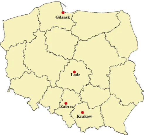 Fig. 1. Location of measuring stations on the map of Poland