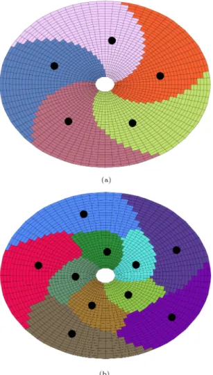 Figure 9. An FEM divided into k subdomains using the GSAB algorithm: (a) k = 5 and (b) k = 10.