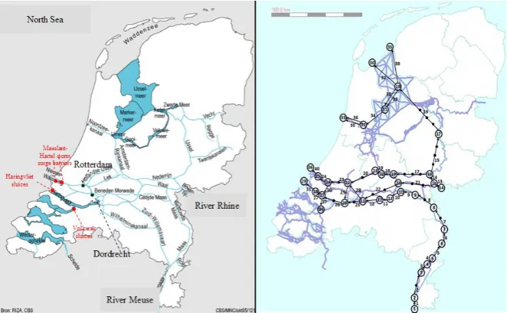 Fig. 2. (Left) Description of the Rhine delta with existing operated structures and (Right)  (left) Description of the Rhine delta with existing operated structures and (right) overview of the simpliﬁed 1-D hydrodynamic modeloverview of the simplified 1-D 