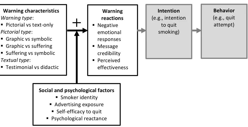 Figure 2.2 Relationship between warning characteristics, moderators and warning reactions (scope of this study), and expected behavior change