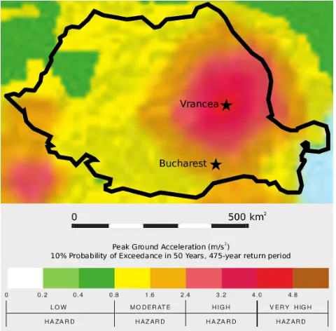 Fig. 2. Romania seismic hazard map, source: modiﬁed after Giardini et al. (1999) Romania seismic hazard map, source: modiﬁed after Giar-dini et al
