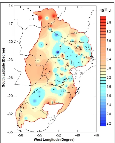 Figure 10 - Map of geothermal resource base, referred to the accessible depth of 6km for the Parana basin