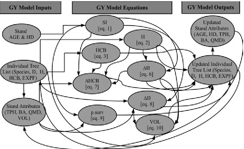 Figure 1: Structure and inter-relationships between model inputs, equations, and outputs for the Douglas-ﬁr growthand yield (GY) model framework used in this analysis.