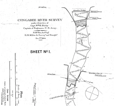 Figure 2: Portion of ﬁrst map sheet of the 1885 map showing type of information available from the original map.Each map sheet had scale bars and several markers of cardinal directions