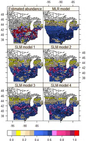 Figure 3: The empirically estimated and model mapped presence probability of multiﬂora rose in the upper Midwest,